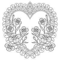 Flowers and heart frame hand drawn for adult coloring book vector