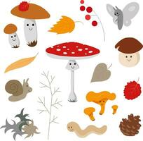 acogedor linda vistoso otoño bosque piso con hongos plantas criaturas vector colección en blanco