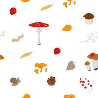 Cozy colorful autumn forest floor with mushrooms plants creatures vector seamless pattern on white