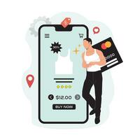 Online shopping concept. Vector illustration in flat design style. Man with credit card and mobile phone.