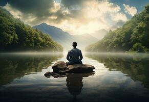 ai generative photo of a man practicing mindfulness and meditation in a peaceful natural environment sony A7s realistic image, ultra hd, high design very detailed