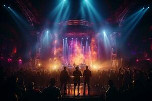 Ai generative Crowded Concert Stage Scenery With Spotlights and Colored Lights realistic image, ultra hd photo