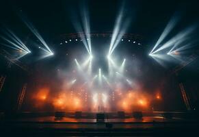 Ai generative Concert Stage Scenery With Spotlights Colored Lights Smoke photo