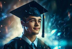 ai generativo doble exposición foto de joven hombre con graduación gorra tecnología antecedentes realista imagen