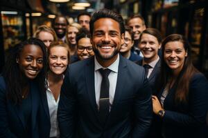 Ai Generative group of happy business man and business women, dressed in suits are smiling, in the office photo