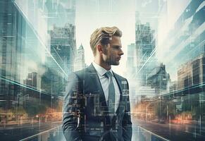 Ai generative A Double Exposure of a Businessman in the Cityscape Embodies Success and Future Plans photo