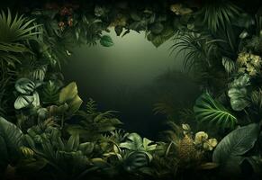 Beautiful jungle background with border made of tropical leaves backdrop with copy space photo