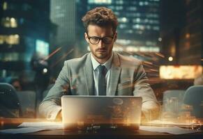 Ai Generative double exposure photo of a business man using laptop on his desk front view office background