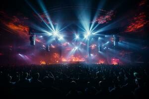 Ai generative Crowded Concert Stage Scenery With Spotlights and Colored Lights realistic image, ultra hd photo