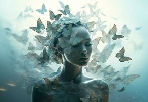 Ai Generative Surreal double exposure image of woman and butterflies. Great for ads, book covers, posters and more realistic image, ultra hd, high design very detailed photo