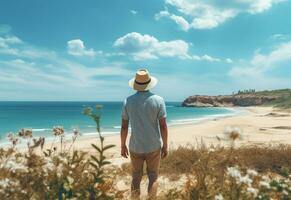 Ai generative back view young tourist man in summer dress and hat standing on beautiful sandy beach. enjoying. photo