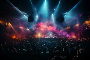 Ai generative Crowded Concert Stage Scenery With Spotlights and Colored Lights realistic image, ultra hd photo