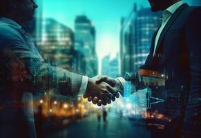 Ai generative photo american business male people shaking hands skyscrapers in the background