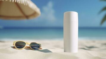 Blank empty white plastic tube. Sunscreen lotion on a sandy beach, summer composition with sunglasses, blue sea as background, copy space. Summer vacation and skin care concept, AI Generative photo