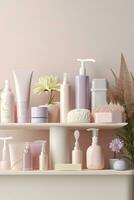 Pastel Skincare Products Arranged in a White Bathroom. Barbiecore Bright Palette Makeup Banner. AI Generative photo