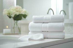 el del mundo más suave toallas en contra un minimalista antecedentes. apilado blanco toallas sentar en parte superior de un jabón plato en un baño. ai generativo foto