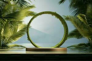 Minimalist podium meets tropical inspiration for a fresh, natural product showcase concept AI Generated photo