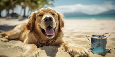 dorado perdiguero perro es en verano vacaciones a playa recurso y relajante descanso en verano playa de Hawai. ai generativo foto