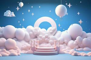 fantasía inspirado podio en 3d, presentando un cielo con dibujos animados nubes y estrellado acentos ai generado foto