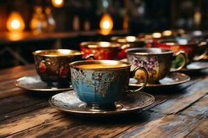 Rustic charm tea cups flank a photo on wooden background  AI Generated