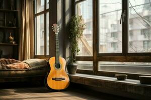 el urbano apartamento habitación central un clásico guitarra, fusionando tradicion con contemporáneo viviendo. ai generado foto