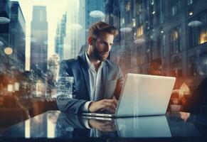 Ai generative double exposure photo of a business man using laptop on his desk front view office background realistic image, ultra hd, high design very detailed