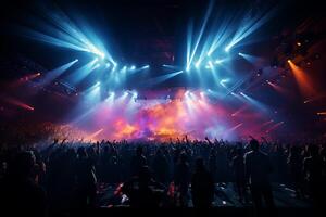 Ai generative Crowded Concert Stage Scenery With Spotlights and Colored Lights realistic image, ultra hd photo