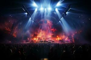 Ai generative Crowded Concert Stage Scenery With Spotlights and Colored Lights realistic image, ultra hd photo