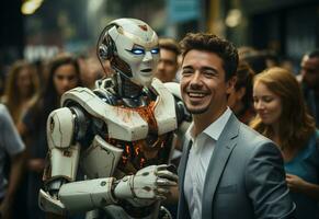 a man in a suit and tie standing next to a robot photo