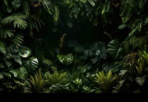 Beautiful jungle background with border made of tropical leaves backdrop with copy space photo
