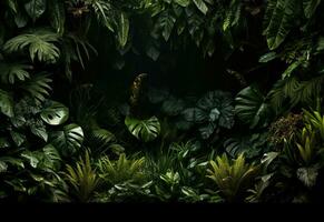 Beautiful jungle background with border made of tropical leaves backdrop with copy space photo