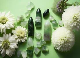 cristal torres minerales conjunto y blanco flores en verde resumen antecedentes. generativo ai foto