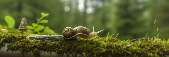 un viaje mediante el bosque. de cerca de un caracol en el bosque con natural antecedentes. ai generativo foto