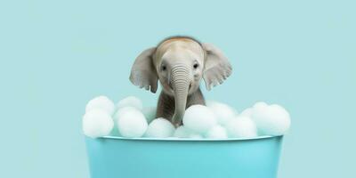 Minimalist Albino Elephant in a Bathtub of Soap Bubbles Against a Cyan Background. AI Generative photo
