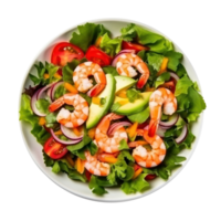 Salad from green leaves mix and vegetables with avocado and shrimps isolated png