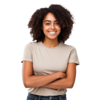 Happy black woman standing with arms crossed isolated png