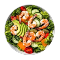salade van groen bladeren mengen en groenten met avocado en garnalen geïsoleerd png