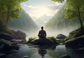 ai generative photo of a man practicing mindfulness and meditation in a peaceful natural environment sony A7s realistic image, ultra hd, high design very detailed