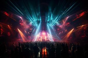 Ai generative Crowded Concert Stage Scenery With Spotlights and Colored Lights realistic image, ultra hd photo