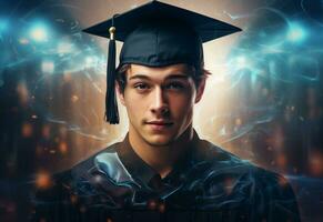 Ai Generative Double exposure photo of Young man with graduation cap technology background realistic image