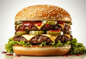 Ai generative Double hamburger isolated on white background Fresh burger fast food with beef and cream cheese realistic image, ultra hd, high design very detailed photo