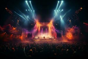 Ai generative Crowded Concert Stage Scenery With Spotlights and Colored Lights realistic image, ultra hd photo