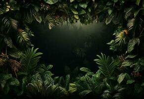 Beautiful jungle background with border made of tropical leaves backdrop with copy space photo