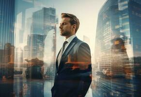 Ai generative A Double Exposure of a Businessman in the Cityscape Embodies Success and Future Plans photo