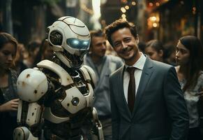 a man in a suit and tie standing next to a robot photo