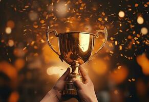 ai generativo mano participación oro trofeo taza con papel picado. celebrando con trofeo premio para éxito realista foto