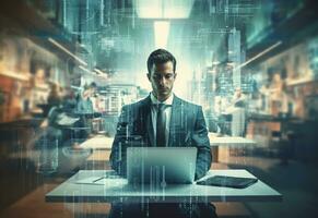 Ai Generative double exposure photo of a business man using laptop on his desk front view office background