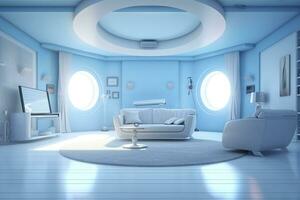 A professional and eye catching light blue with white living room in the metaverse, futuristic, AI Generative photo