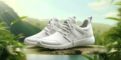 White Blank Sports shoes Mockup with natural theme background. AI Generative photo
