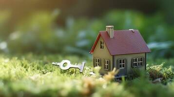 Copy space of home. Small model home on green grass with sunlight. AI Generative photo